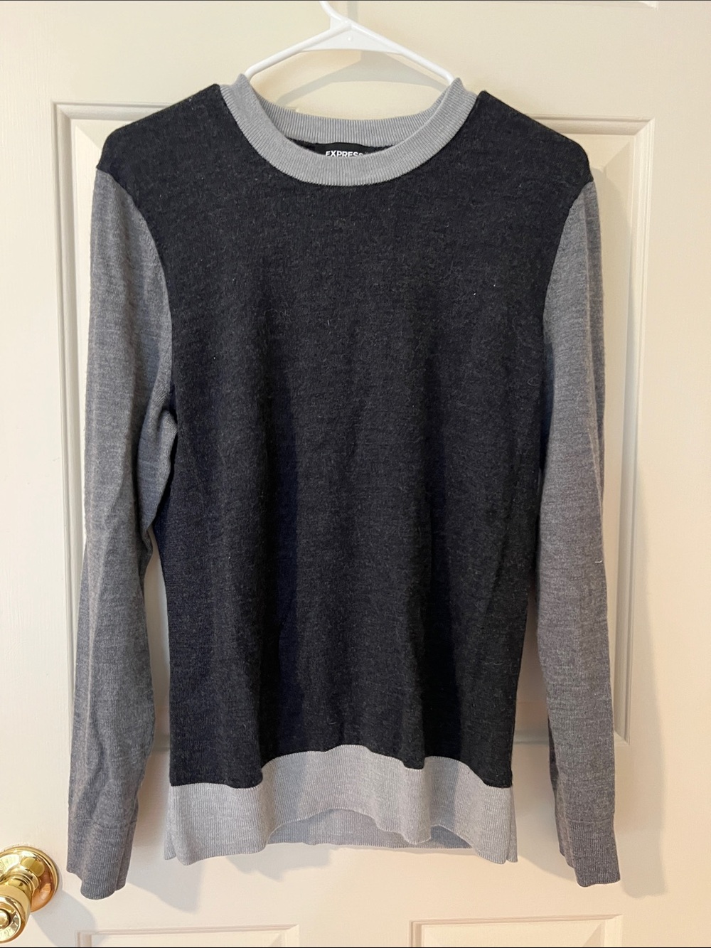 Express Men's Two-Tone Black and Light Gray Crewneck Sweater